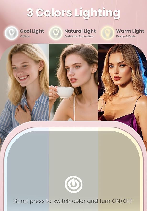 Magnifying Mirror with Light, Rechargeable 40X Compact Mirror with 3 Lighting Modes & Dimmable Brightness, Portable Travel Makeup Mirror with Light, Essentials for Travel, Pocket Purse Pink