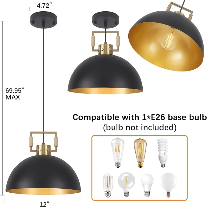 Matte Black Farmhouse Pendant Light 2 Pack Adjustable Height Vintage Hanging Industrial Ceiling Lights Fixture for Kitchen Island Hallway Dining Room Dome Chandelier Modern Pendant Lighting 12''