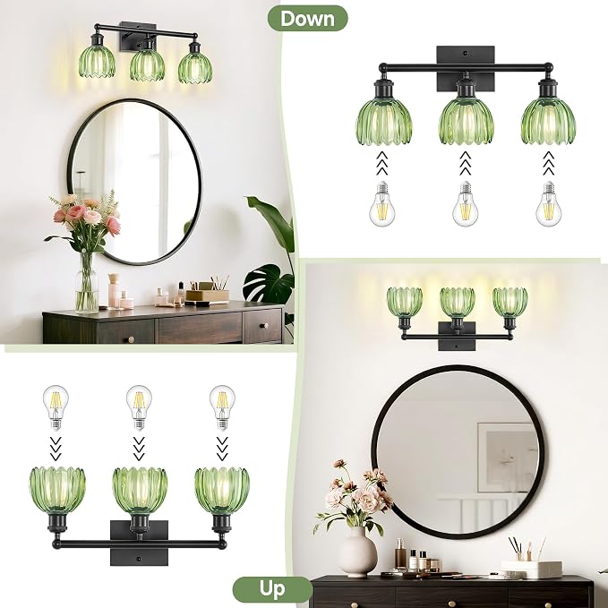 Bathroom Lighting Fixtures Over Mirror,3 Light Vintage Vanity Light,20 in Antique Black Bathroom Sconce with Green Tulip Glass Shade for Bedroom Living Room,Dressing Table,Hallway,E26 Base