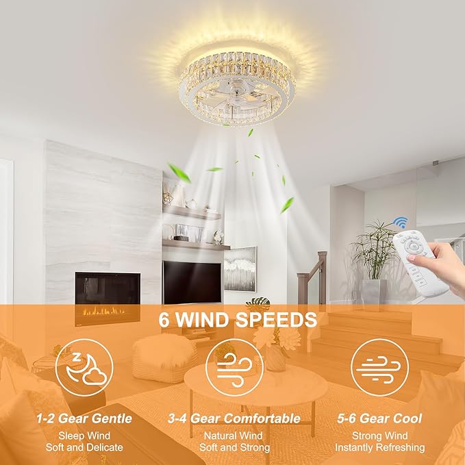 Fandelier Ceiling Fan with Lights and Remote Control Dimmable Crystal Ceiling Fan LED 3 Color 6 Speeds Chandelier Fan Bedroom Kitchen Living Room