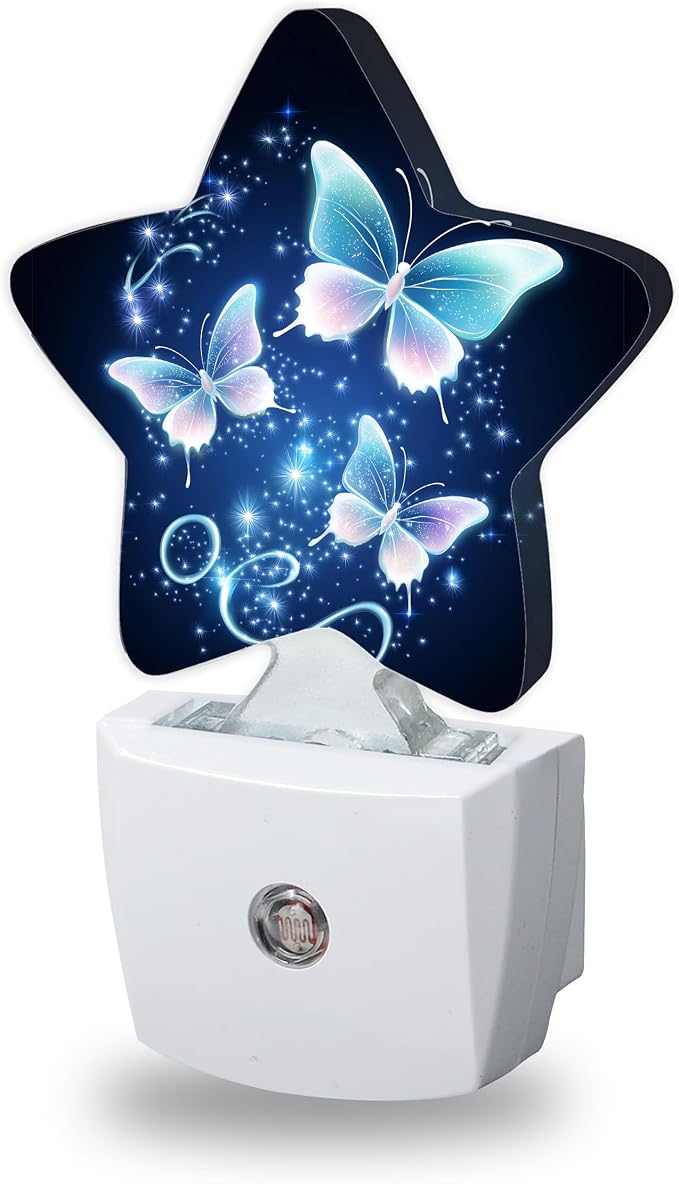 Glitter Butterfly Night Lights Plug Into Wall,Navy Blue Dusk to Dawn Light Sensor Night Light for Kids, Energy Efficient Sleep Friendly Lamp for Bedroom Bathroom Nursery