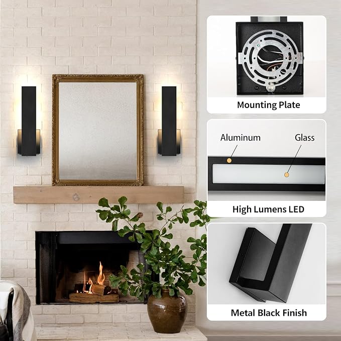 Aluminum LED Modern Wall Sconces Set of 2, 18W Black Wall Light | WaterproofWall Lighting Indoor Outdoor Hardwired Wall Lights for Office,Porch, Bedroom, Bathroom, Living Room,Garden