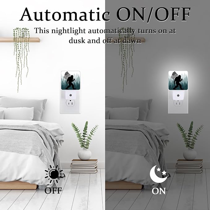 Bigfoot American Flag Night Light, Plug-into Wall Green Misty Forest Nightlight Lamp with Dusk to Dawn Sensor, Led Lamp 0.5W Energy Efficient for Boys Girls Adults Home Decor