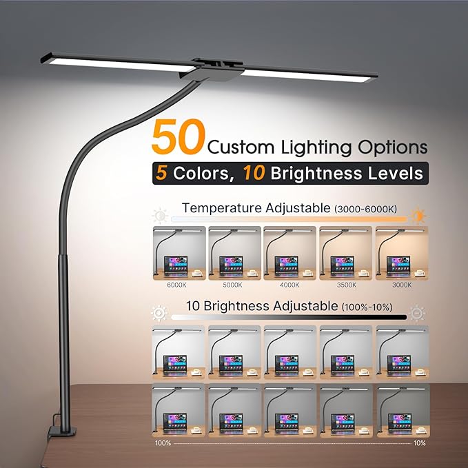 Syrinx LED Desk Lamp for Office Home – Eye Caring Dual Head Desk Light with Flexible Goose-Neck, Clamp, Gesture/Wired Control, 50 Lighting Modes with Memory/Timer, Table Lamp for Study, Drafting