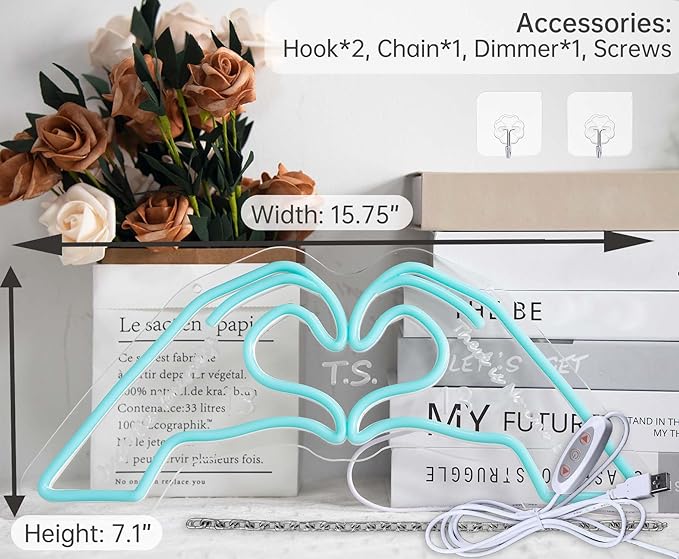 Heart Hands Neon Sign, Blue Room Decor, 15.75 inches Dimmable USB Powered Led Wall Art Decor, Music Merch Gifts for Girls Boys, Fans, Music Lover, Party, Christmas, Birthday(Blue with Inspired Words）