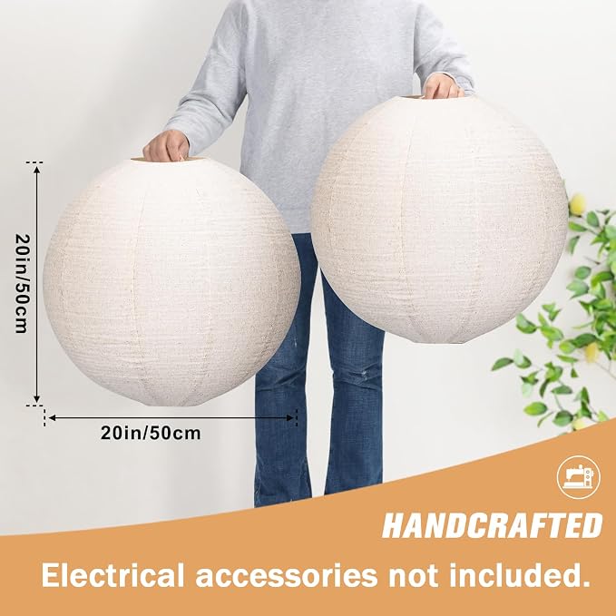 oetmilc-2PCS Hanging Lamp Shade Can replace Large paper lantern 20INCH Linen Pendant Light Shade Round Off-White Handmade Fabric Lampshades Decorations Suitable for the Living room Hallway Bedroom