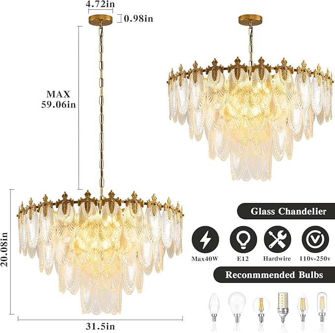 Modern Large Crystal Chandelier, 4-Layer Gold Glass Chandelier, 12 Light Round Antique Ceiling Pendant Light, 31.5 Inchs Adjustable Height for Foyer, Living Room, Bedroom, Dining Room