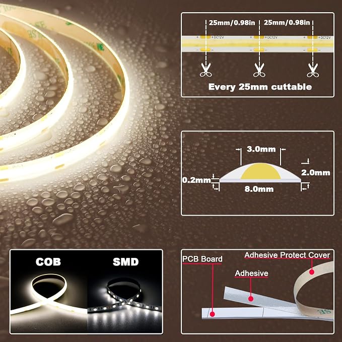 TOPAI 12V COB LED Strip 4000K Natural White 16.4ft Dotless IP65 Waterproof | High Density 480LEDs/M, CRI>90 4000Lm, Cuttable, Flexible, Self Adhesive Easy Install for Bedroom, Cabinet