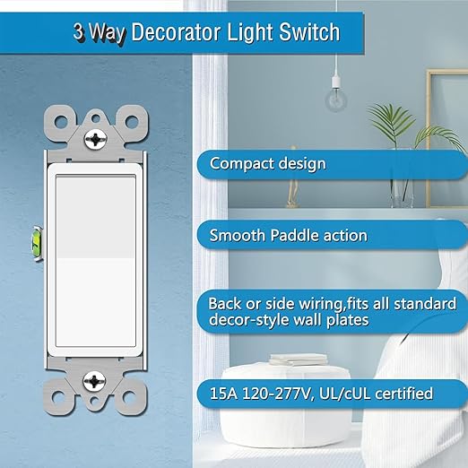3 Way Switch White, Greencycle 12 Pack Three Way Light Switch Rocker Switches 15A 120/277V, On/Off Rocker Paddle Interrupter, Residential/Commercial Grade,Home & Office,UL/CUL