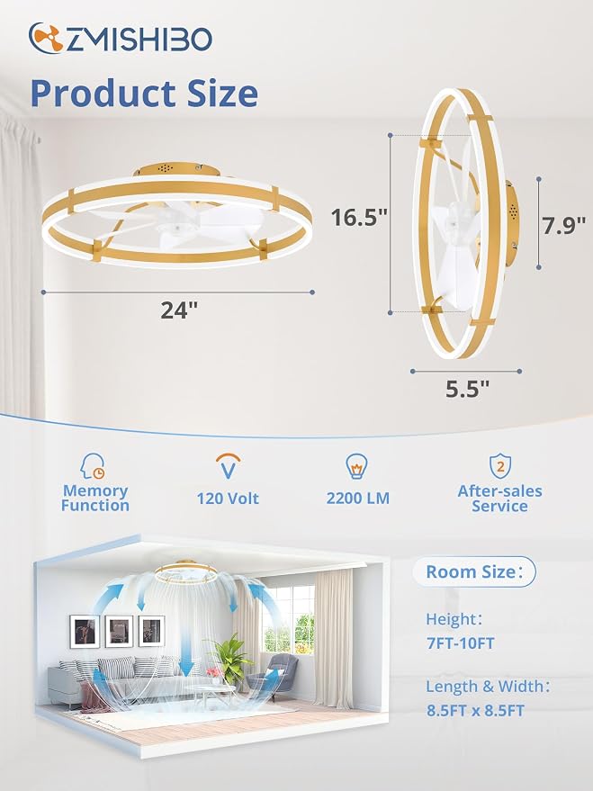 ZMISHIBO Low Profile 24'' Ceiling Fans with Lights and Remote, Gold | 3000-6000K Dimmable LED Fandelier, Quiet DC Motor, Reversible Airflow, 6 Wind Speeds, Timer, Bedroom, Living Room, Kitchen