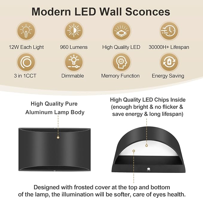 TRLIFE Modern Wall Sconces, 3000K/4000K/6000K Selectable and Dimmable LED Wall Sconce 12W Aluminum Wall Mounted Light Set of 2 Hardwired Wall Sconces for Bedroom Bedside Living Room Hallway(Black,2P)