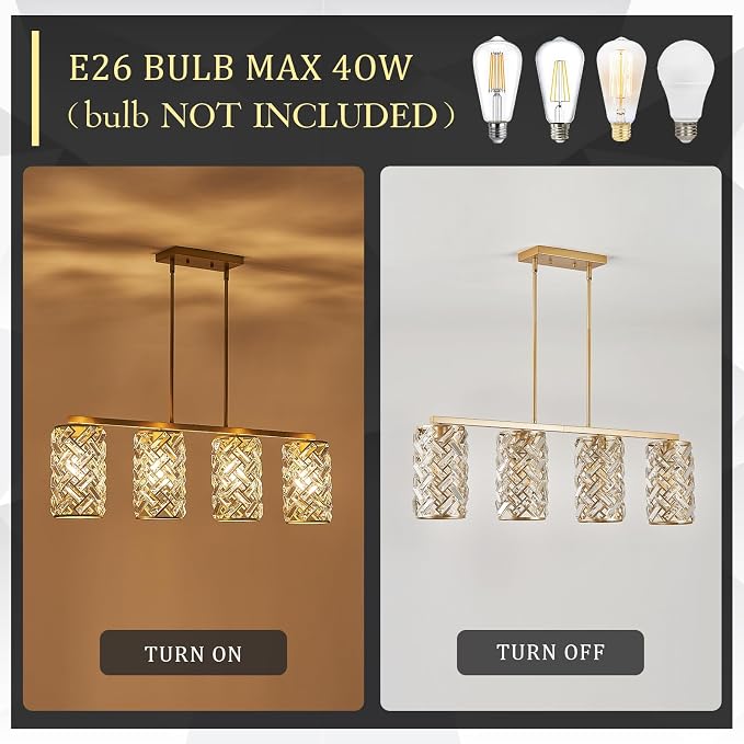 CATINER 40" Gold Crystal Linear Chandelier, 4-Light Kitchen Island Pendant | 40-inch gold crystal linear chandelier with adjustable height, 4 E26 lights, dimmable for kitchen islands and dining rooms