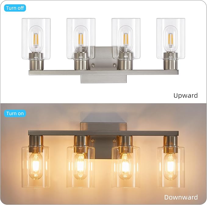 4 Light Bathroom Vanity Light Brushed Nickel Vanity Lights for Bathroom Modern 4-Lights Wall Sconce with Clear Glass Shade for Bedroom Living Room