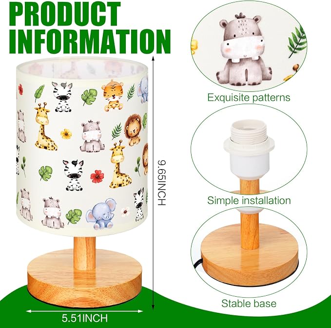 Safari Animal Kids Table Lamp for Bedroom Kids Bedside Lamp with Linen Wooden Nightstand Cartoon Nursery Lampshade for Girls Boys Living Room