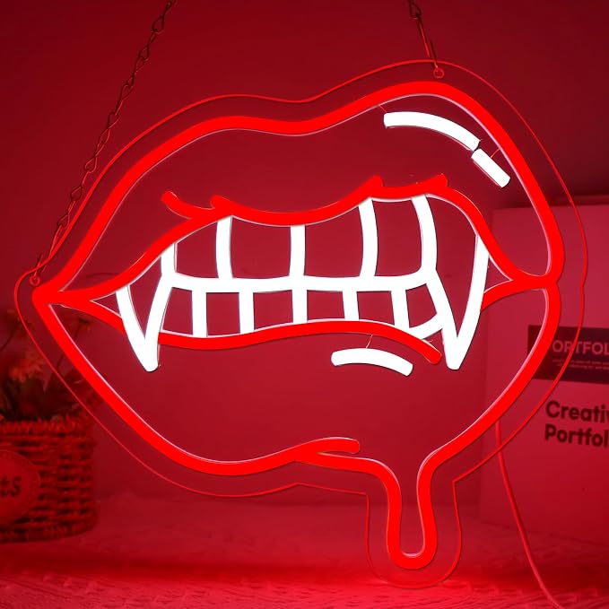AHlove Fangs Neon Sign for Wall Decor，LED Neon Lights for Game Room、Man Cave，Birthday、Christmas Gifts for Teen Boys and Girls