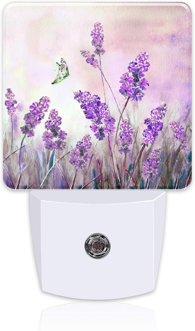 Purple Lavander Flowers Butterfly Night Light Plug into Wall,Watercolor Lavander Floral Dusk to Dawn Night Light,0.5w Energy Saving Sleep Friendly Nightlights for Kids Boys Girls Home