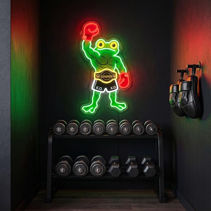 HAJAE Frog Neon Sign, Dimmable Boxing Frog Champion LED Light Wall Decor - Funny Muscular Frog Gifts for Men Boys Kids, Wrestling Birthday Party Decorations, Gym Man Cave Room Neon Light