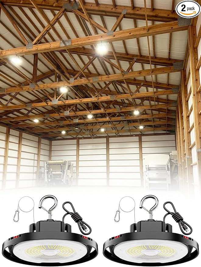 210W UFO LED High Bay Light, 31500LM Shop Lights, 5000K Daylight, ETL Listed with 6' Cable & Safety Rope, IP65 Waterproof Commercial Lighting for Warehouse, Workshop, 980W MH/HPS Equivalent, 2 Pack