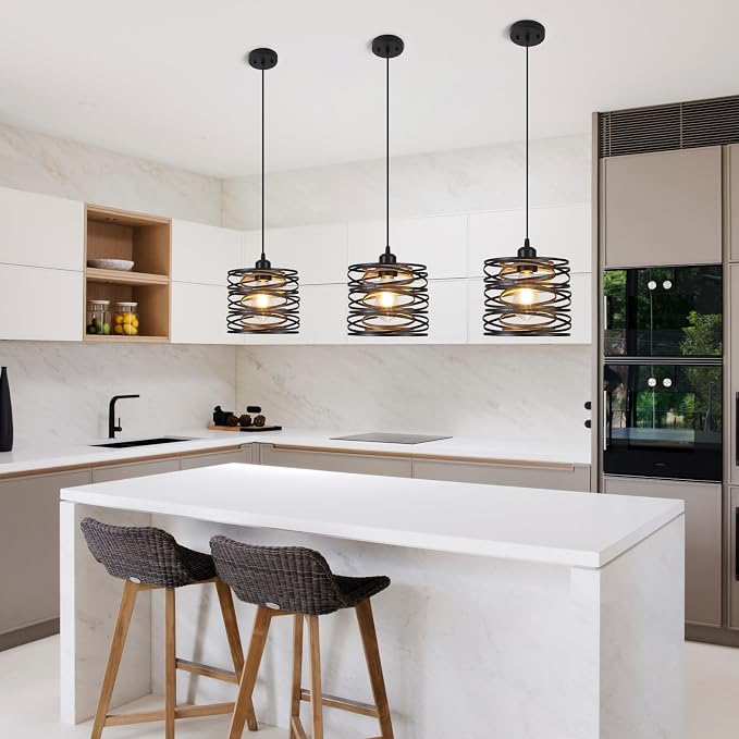 Pendant Light, Kitchen Island Hanging Light Fixtures Wood Farmhouse Metal Pendant Lighting for Dining Room Bedroom Bar Office, Industrial Black, 1 Pack