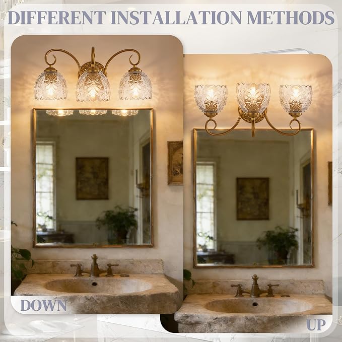 Hamilyeah Gold 3-Light Vanity Bathroom Light Fixtures Over Mirror, Vintage Vanity Lights Wall Sconce Light Fixture for Bathroom Vanity, Bedroom, Hallway, Farmhouse Bathroom Lighting