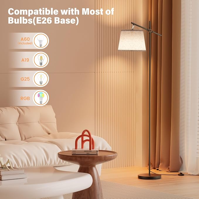 Floor Lamp with Linen Shade, Dimmable Tall Standing Lamp with Remote Control & 3 Color Temperatures Bulb, Modern Swing Arm Floor Lamps for Living Room Bedroom Office Corner