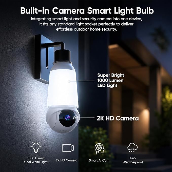 Light Bulb Security Camera, 5G&2.4GHz WiFi Light Bulb Cameras Wireless Outdoor Indoor, 2 in 1 Lightbulb Camera for Home Security, 2K HD Color Night Vision, Smart AI Motion Detection, 911 Emergency