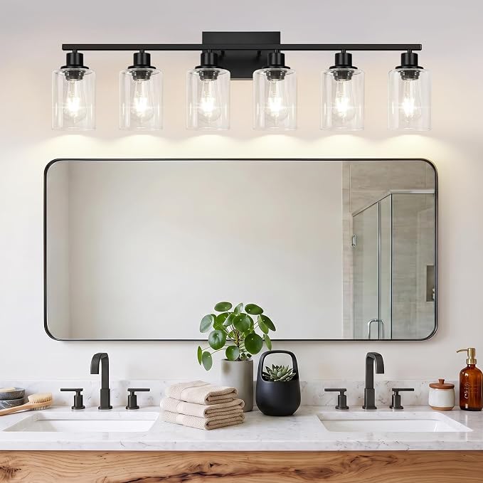 Indoi 6-Light Bathroom Light Fixtures, Matte Black Modern Vanity Lights with Clear Glass Shades, Bathroom Wall Lamp for Mirror Living Room Cabinet Bedroom Porch