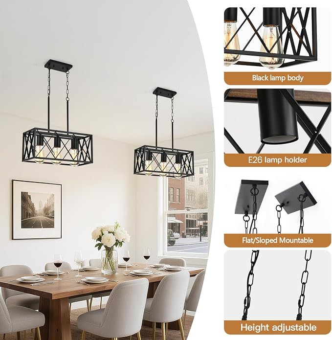 KEESFU Black 3-Light Farmhouse Chandelier, Dining Room Light Fixture | Farmhouse Dining Room Light Fixture with Adjustable Height, Kitchen Island Pendant for Dining Table & Over Sink, Living Room