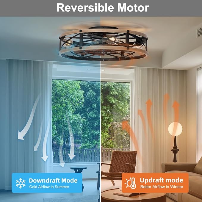 SHLUCE 22" Low Profile Caged Ceiling Fan with Light, Farmhouse Flush Mount Bladeless Ceiling Fans with Lights and Remote, Rustic Fandelier Ceiling Fan with Light for Kitchen, Bedroom - ETL
