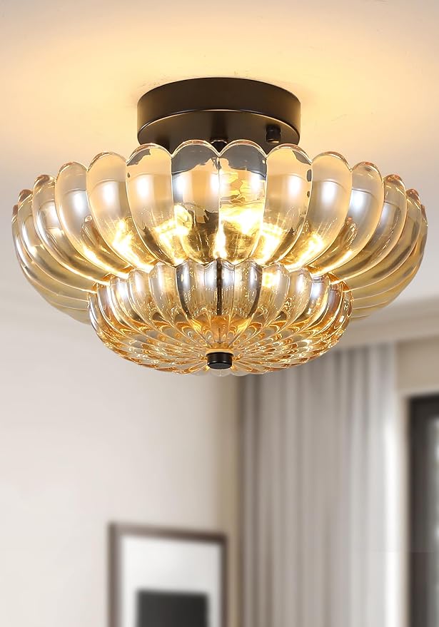 Semi Flush Mount Ceiling Light, Vintage Black Close to Ceiling Light Fixture with Glass Shade, Mid Century Modern Lighting for Bedroom Hallway Kitchen Laundry-Amber