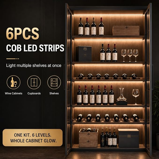 COB LED Strip Lights, 12V Cabinet Light 6Pcs 6.56FT, 3000K Cuttable DIY LED Strip with Hide Touch and Hand Sweep Dimmer Switch Kit for Cabinet Showcase Kitchen Acoustic Panel Decoration Shelf Lighting