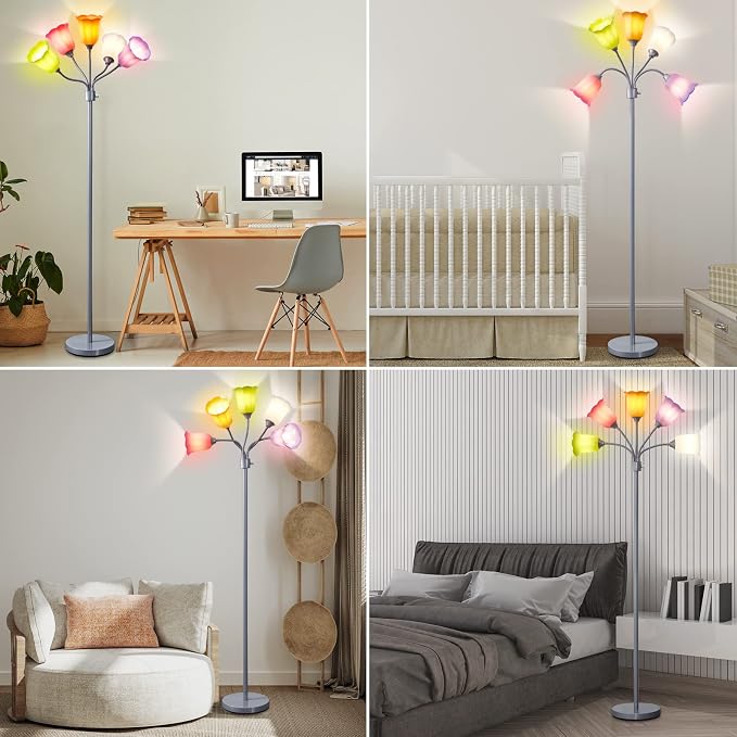 Medusa LED Floor Lamp, Multi Head Modern Tall Lamp with Adjustable Gooseneck Standing Lamps Led Tall Lamp for Living Room Bedroom Kids Room Office 6 Color Lampshades Bulb Not Included Silver