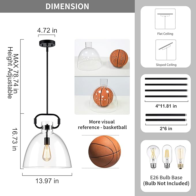 14'' Large Black Pendant Lights Kitchen Island, 1-Light Farmhouses Pendant Lighting Fixture, Adjustable Cord Modern Glass Island Light for Kitchen Bedroom Dining Room, E26