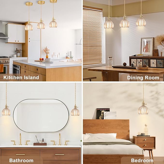 Mini Pendant Lights Kitchen Island, Small Adjustable Pendant Light Fixture with Amber Tulip Glass Lampshade, Vintage Gold Pendant Lighting, Pendant Light for Bedroom Dining Room Hallway