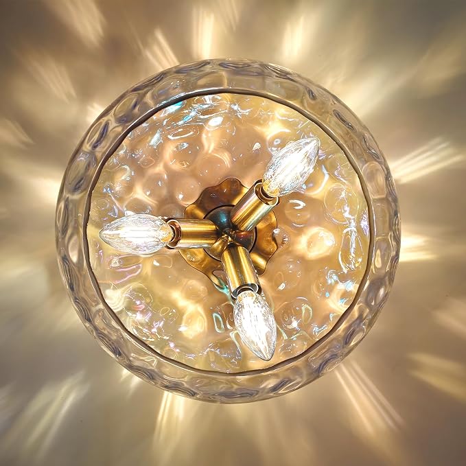12" Vintage Rainbow Glass Ceiling Light, Mid Century 3-Light Semi Flush Mount Fixture, Modern Hammered Gold Lighting for Girls Bedroom, Hallway, Kitchen, Living Room