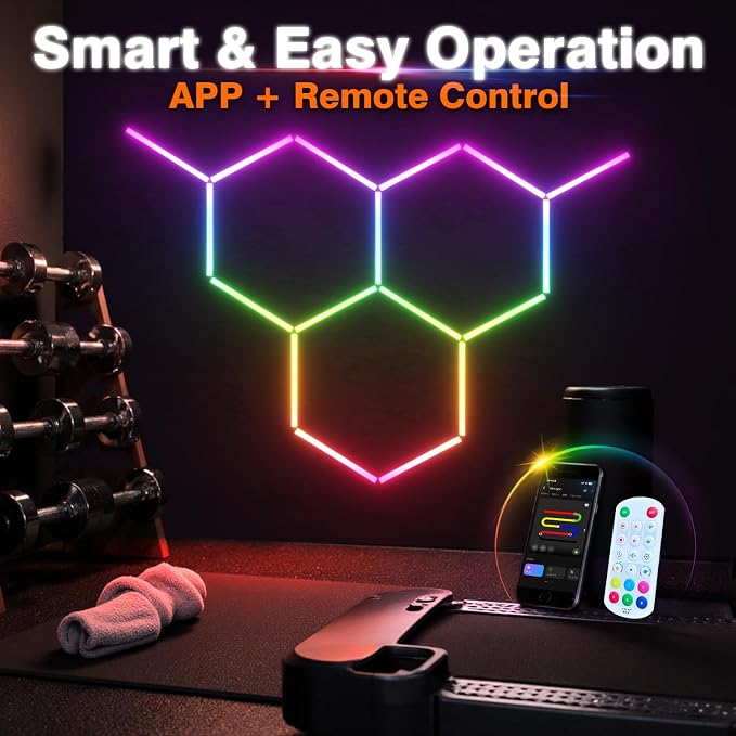 RGB Hexagon Lights 3 Grids, Hexagon Garage Lights with Music Sync Mode, App & Remote Control Honeycomb Lights for Gym Studio Basement Shop Exhibition