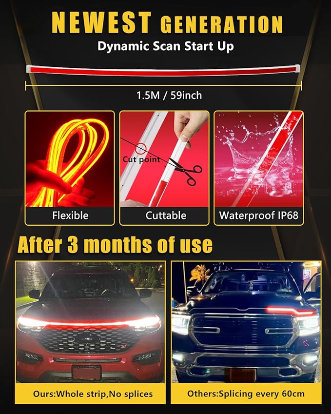 YM E-Bright Led Hood Light Strip Exterior Car Led Strip Light Waterproof Flexible DRL Dynamic Scan Start Up Hoodbeam Kit Daytime Running Lights for Car,Truck,SUV,12V 59inch,Red,1 Set