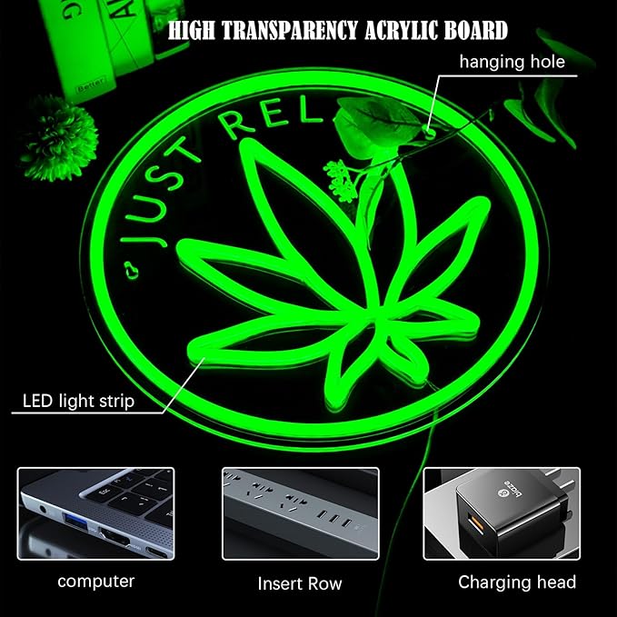 Just Relax Neon Sign Dimmable Green Leaf LED Neon Lights Signs for Wall Decor Leaf Weed Neon Light for Man Cave Smoker Bedroom Game Room Hotel Bar Club Party Decor