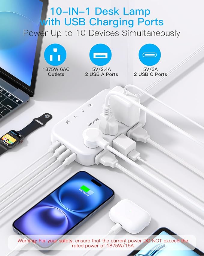 Desk Lamp,Power Strip with 6 AC Outlets & 4 USB Ports, Dorm Room Essentials | One Beat Touch Control LED Lamp, 4 Color Modes 5 Brightness Levels,Eye-Caring Reading Lamp,5ft Cord,Study Home Office College