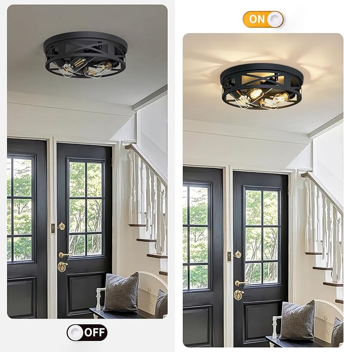 ZHU YAN Flush Mount Light Fixture,4-Light Ceiling Light Fixture for Hallway, Kitchen, Entryway - Black, E26 Base (1 Pack)