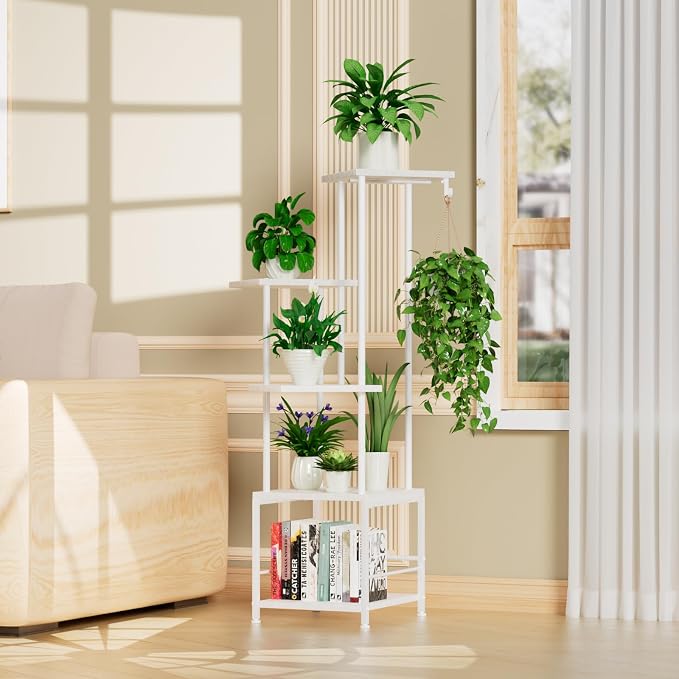 Plant Stand Indoor with Grow Light - 5-Tier Metal Plant Shelf with Hanging Basket Hook, Corner Tall Flower Holder for Multiple Plants, Living Room Balcony Garden Patio, White