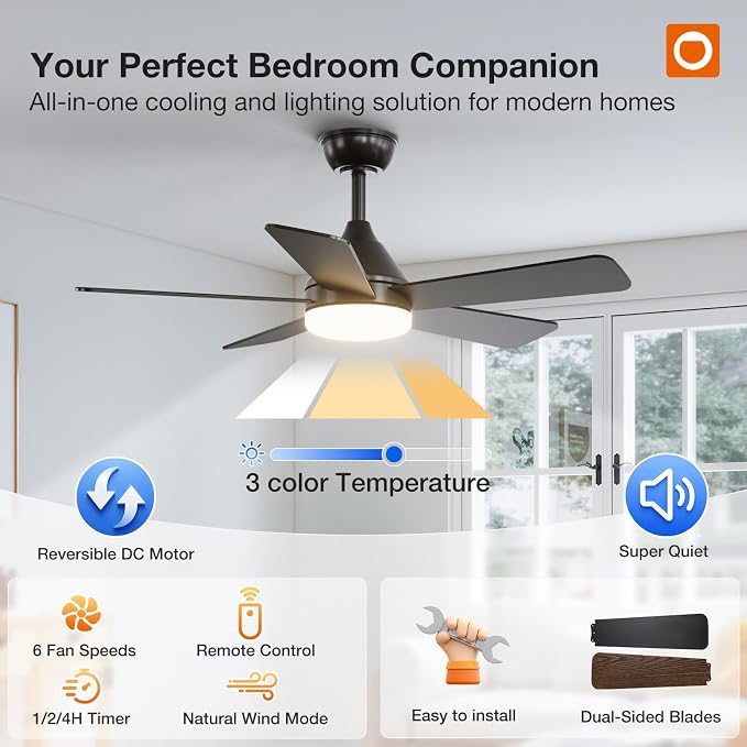 addlon 42 Inch Black Ceiling Fans with Lights and Remote | Reversible DC motor, 6-speed, Timer, 3CCT Dimmable, Quiet, Small Ceiling Fan for Bedroom, Living Room, Indoor/Outdoor Use