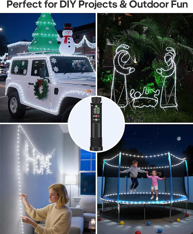 Rechargeable Rope Lights, 39FT 120LED Outdoor Waterproof String Lights with 1200mah Portable Rechargeable Battery, Timing & 8 Modes for Party Christmas Camping DIY Tree trampoline - Cool White 1 Pack