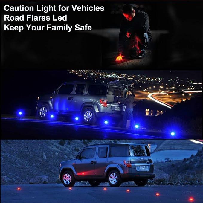 Emergency Strobe Lights,Roadside Safety Beacon LED Road Flares Flashing Warning Light with Strong Magnetic Base for Car Truck Boats(Blue)