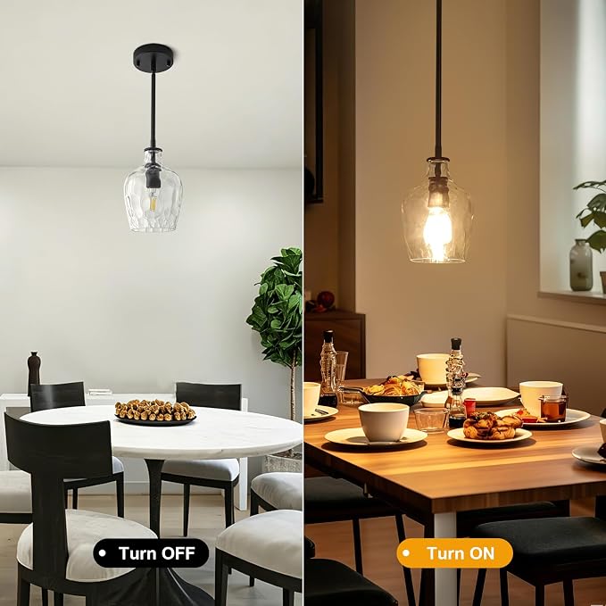 Black Pendant Lights Kitchen Island, 1 Light Modern Kitchen Island Lighting with Hand-Blown Hammered Glass, Adjustable Hanging Pendant Lights for Kitchen, Sink, Entryway