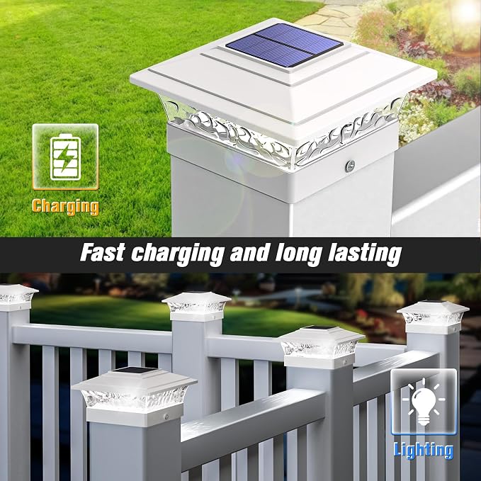 Solar Post Cap Lights Outdoor 6pack, Waterproof Solar Powered Deck Fence Post Lights Fit 4x4/5x5/6x6 Wood/Vinyl Posts, White Vinyl Fence Post lights with Warm/Cool White for garden, Patio, Porch, Deck