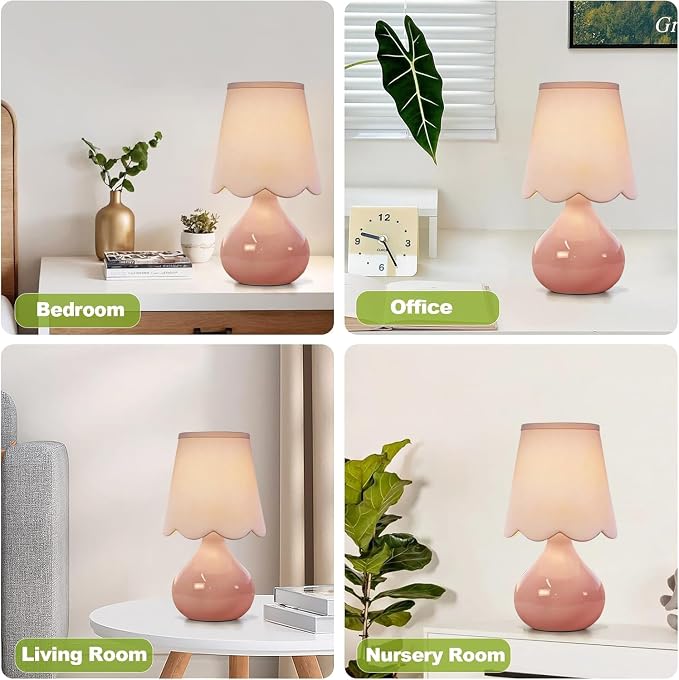 ILLMTW Pink Table Lamp Set of 2,Small Gold Bedside Lamps Dimmable Boho Bedroom Lamp with Tulip Flower Glass Lamp Shade,Vintage Mid Century Modern Mini Nightstand Lamp for Bedroom Living Room