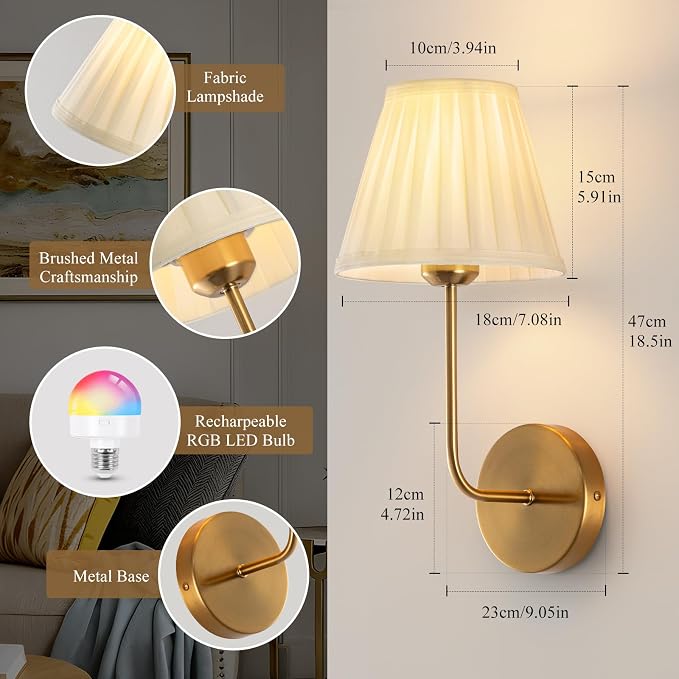 Cordless Wall Sconces Set of 2, Dimmable 15 Colors Rechargeable Battery Operated Wall Sconces, Wireless Gold Vintage Wall Sconce with Fabric for Bedroom Living Room Hallway Wall Decor