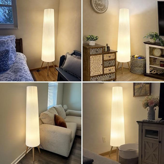 60 Inch Wood Floor Lamp, White Cloth Shade, Color Temperature Adjustable Softlighting Corner Lamp, 3 Bulbs Standing Lamp, Creative Ambient Light for Living Room Bedroom&Office-Bulbs Included