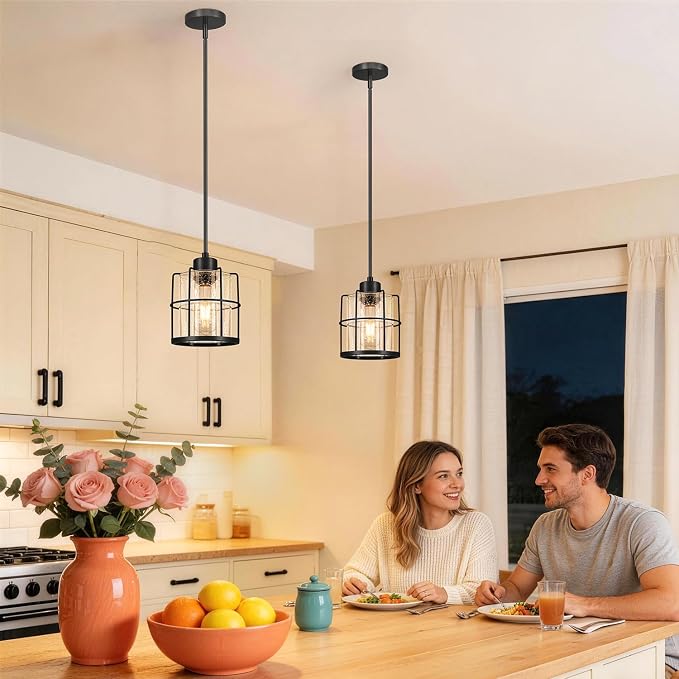 Black Pendant Lights Kitchen Island Set of 2, Modern Pendant Light Fixtures with Bubble Glass, Industrial Hanging Pendant Lights for Kitchen Island Dining Room Bedroom Entryway,90° Angle Compatible